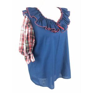Jeri Bee Vtg Square Dance Wear Ruffle Top Size XL Blue Plaid Sleeve Puff Dancing